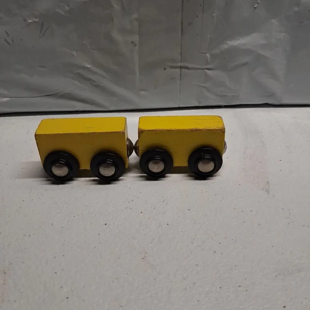 2 Vintage Yellow All Wood Magnetic Train Car  - as is